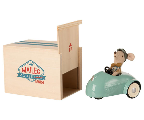 Maileg Little Brother Mouse with Car in Garage (Blue)